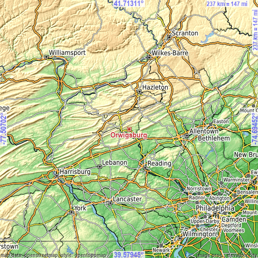 Topographic map of Orwigsburg