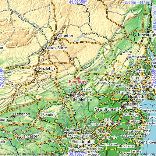 Topographic map of Pen Argyl