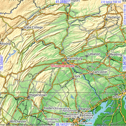 Topographic map of Shiremanstown