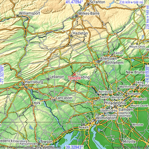 Topographic map of Temple