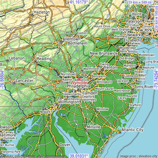 Topographic map of Wyncote