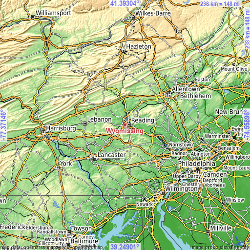 Topographic map of Wyomissing