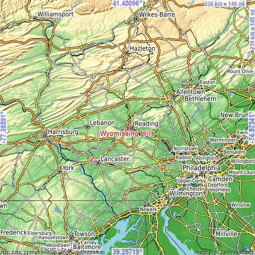 Topographic map of Wyomissing Hills