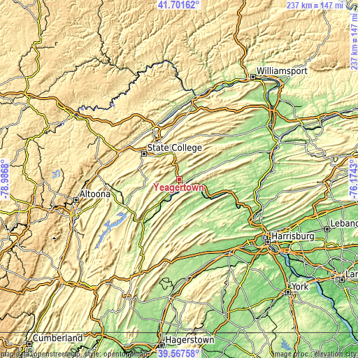 Topographic map of Yeagertown