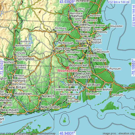 Topographic map of Woonsocket