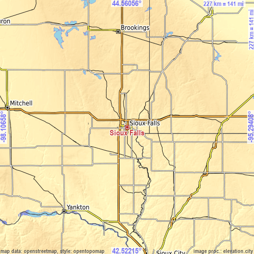 Topographic map of Sioux Falls