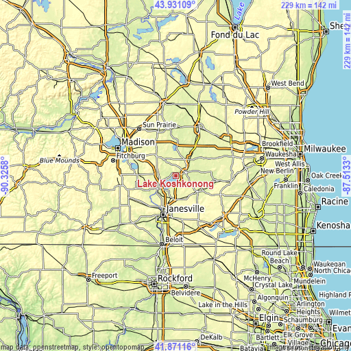 Topographic map of Lake Koshkonong