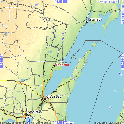 Topographic map of Marinette