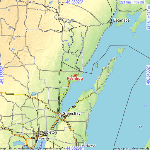 Topographic map of Peshtigo