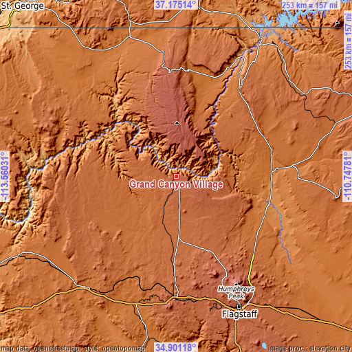 Topographic map of Grand Canyon Village