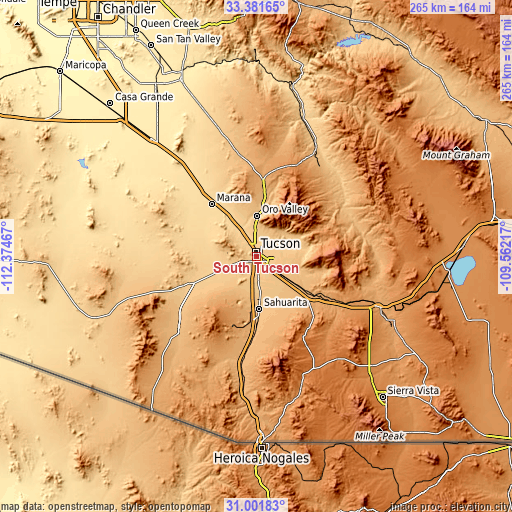 Topographic map of South Tucson