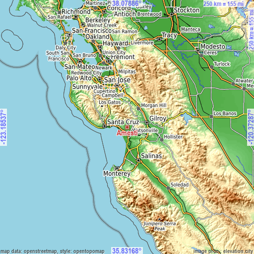 Topographic map of Amesti