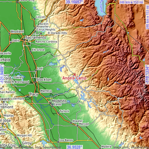 Topographic map of Angels Camp