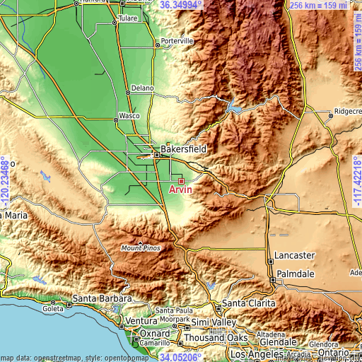 Topographic map of Arvin