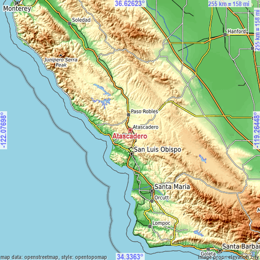 Topographic map of Atascadero