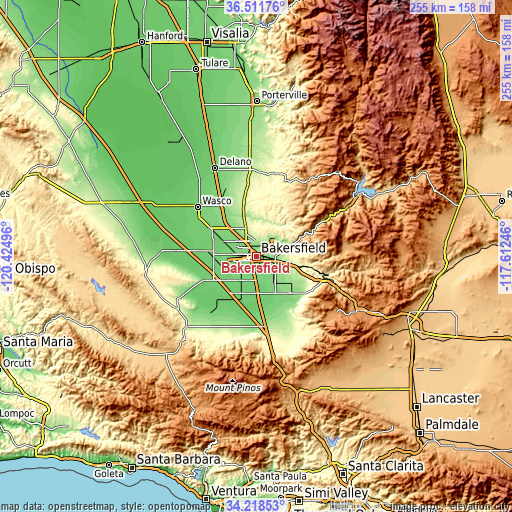 Topographic map of Bakersfield