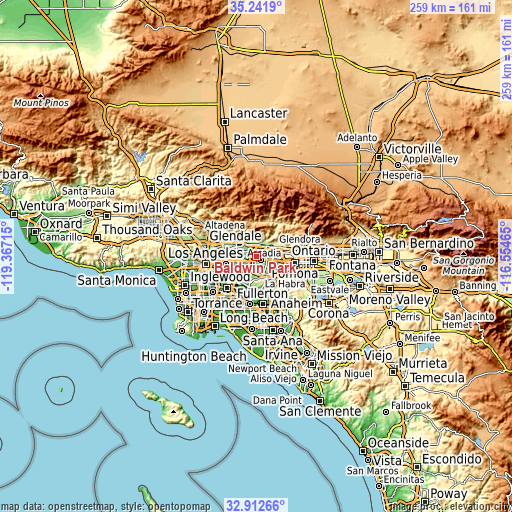 Topographic map of Baldwin Park