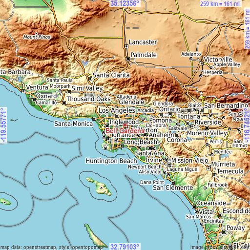 Topographic map of Bell Gardens