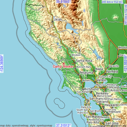 Topographic map of Camp Meeker