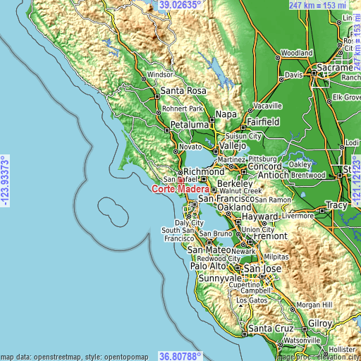 Topographic map of Corte Madera