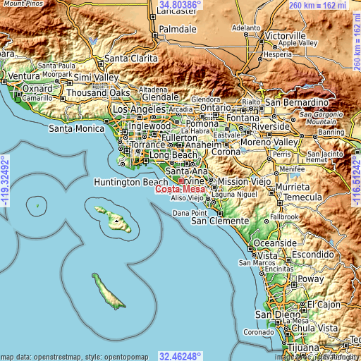 Topographic map of Costa Mesa