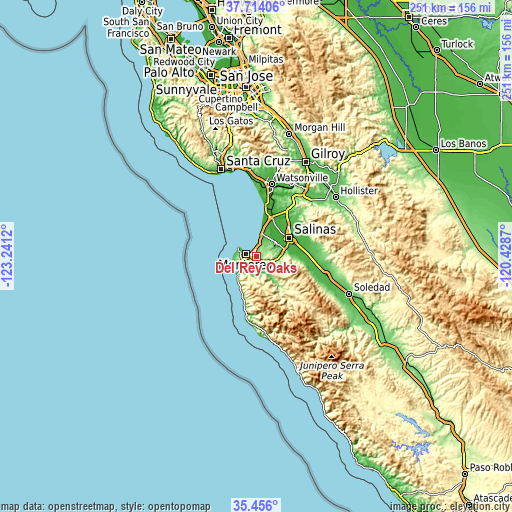 Topographic map of Del Rey Oaks