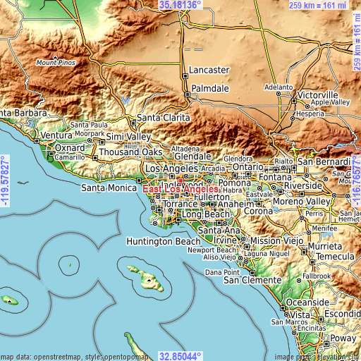 Topographic map of East Los Angeles