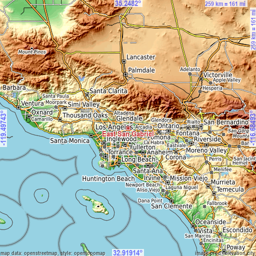 Topographic map of East San Gabriel