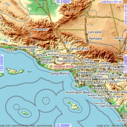 Topographic map of Hidden Hills