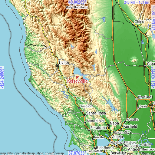 Topographic map of Kelseyville