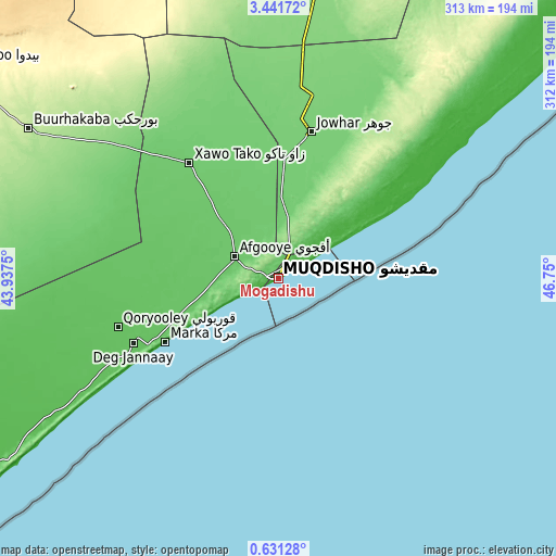 Topographic map of Mogadishu