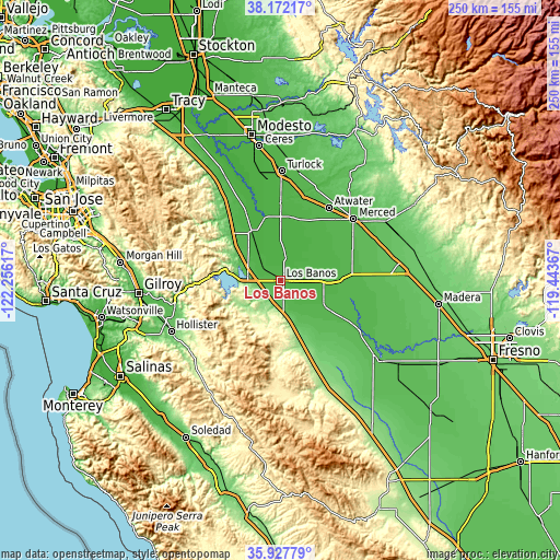 Topographic map of Los Banos