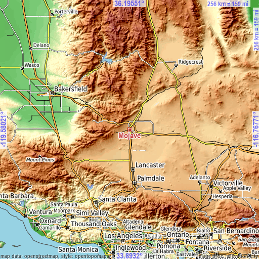 Topographic map of Mojave