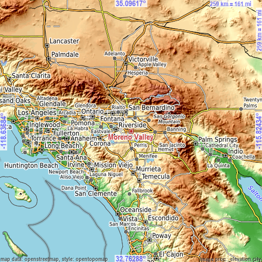 Topographic map of Moreno Valley