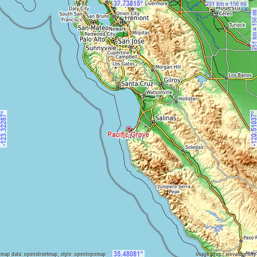 Topographic map of Pacific Grove