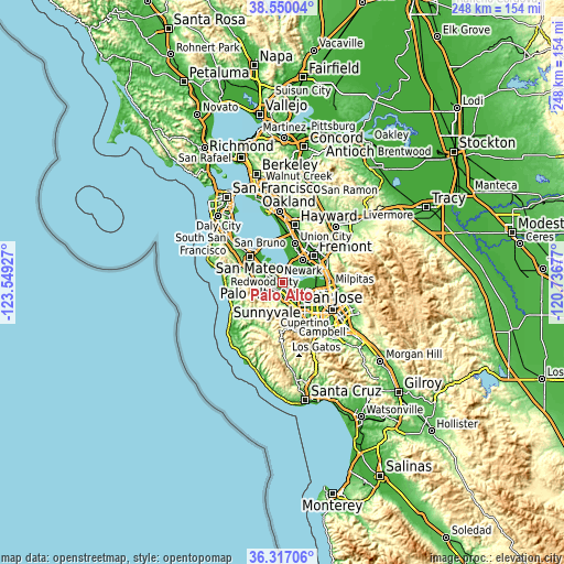 Topographic map of Palo Alto