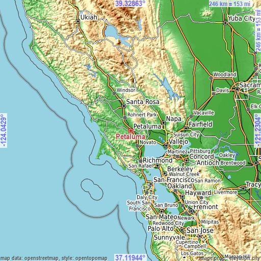 Topographic map of Petaluma