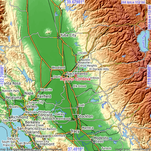 Topographic map of Rancho Cordova