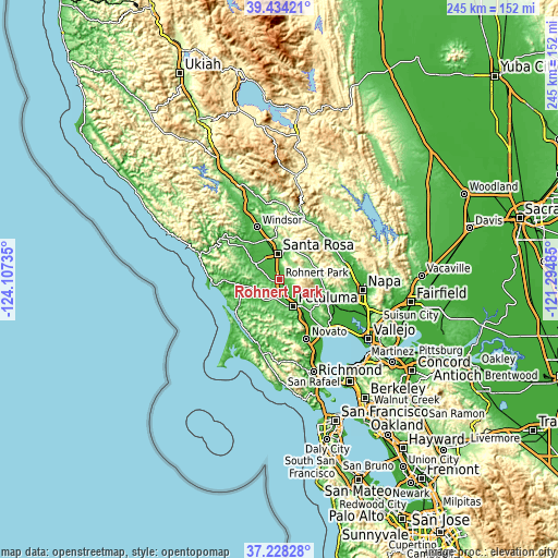 Topographic map of Rohnert Park