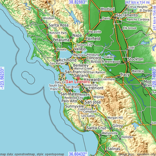 Topographic map of San Leandro