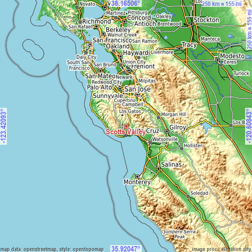 Topographic map of Scotts Valley