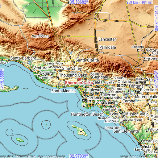 Topographic map of Sherman Oaks