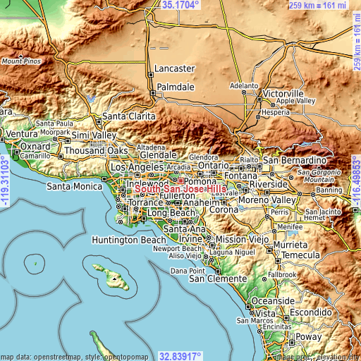 Topographic map of South San Jose Hills