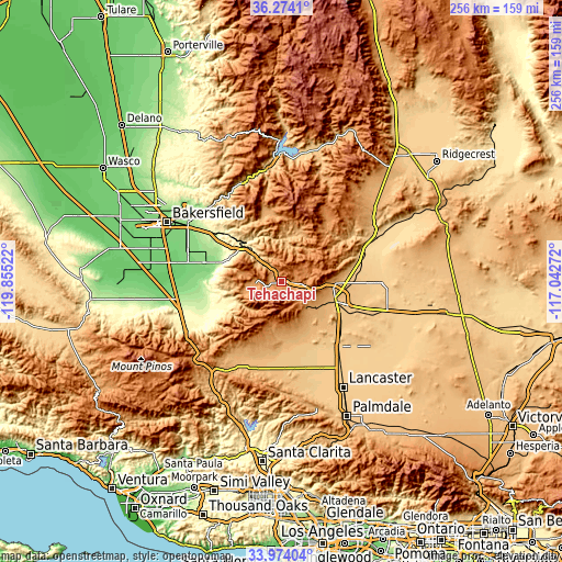 Topographic map of Tehachapi