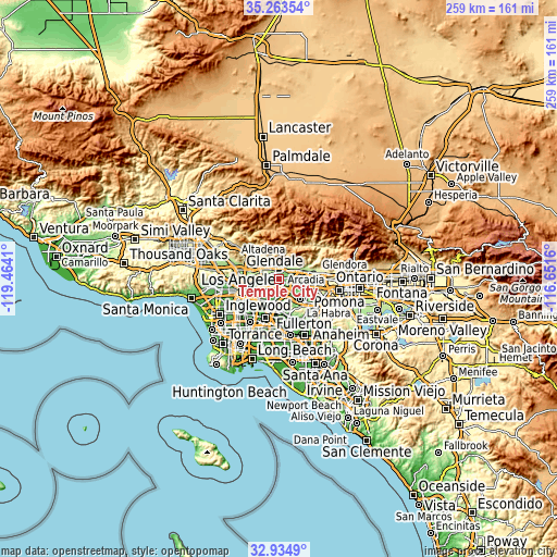 Topographic map of Temple City