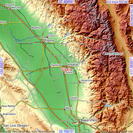 Topographic map of Visalia