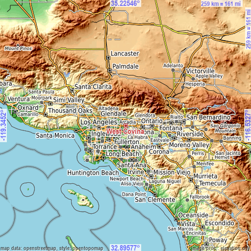 Topographic map of West Covina
