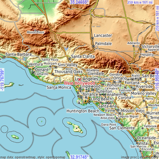 Topographic map of West Hollywood