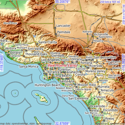 Topographic map of West Puente Valley