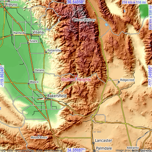 Topographic map of Wofford Heights